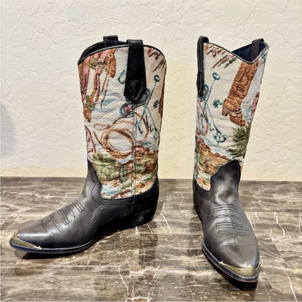 Vintage Leather Tapestry Cowboy Boots